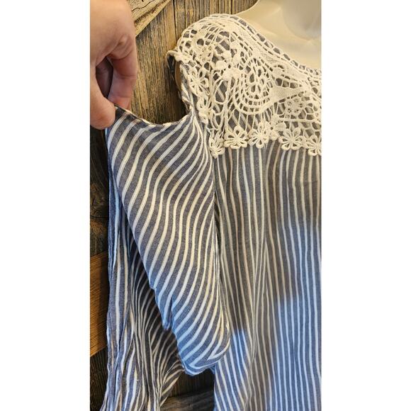 Vintage American chambray cold shoulder lace yolk 3X plus blouse relaxed EUC - Picture 3 of 8